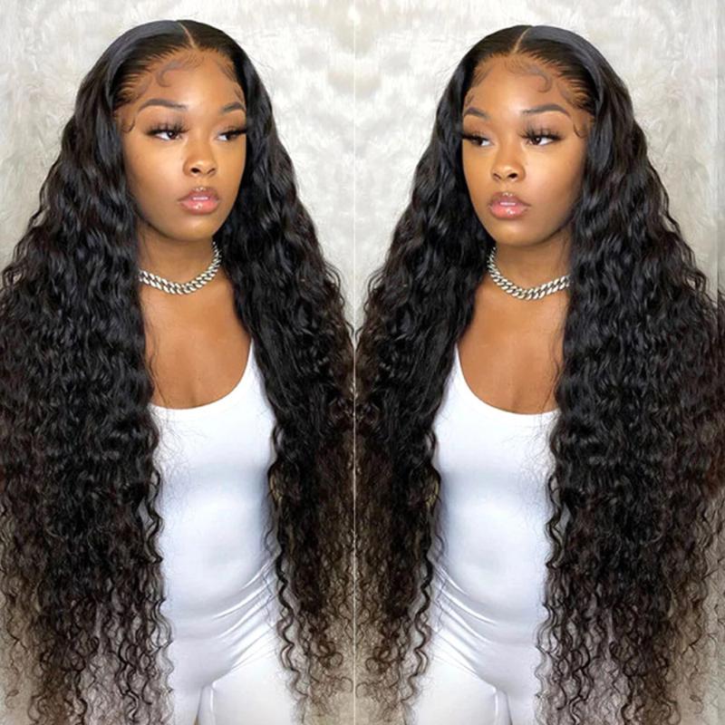 

Brazilian Deep Wave Remy Hair Wigs Natural Black Human Hair Wigs Glueless Lace Frontal Wig 8-28 Inches 150% For Women, As pic