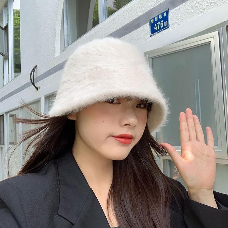 

Berets Winter Warm Thicken Fur Plush Fisherman Hats For Women Fashion Solid Color Windproof Keep Warmer Bucket Hat Female Caps