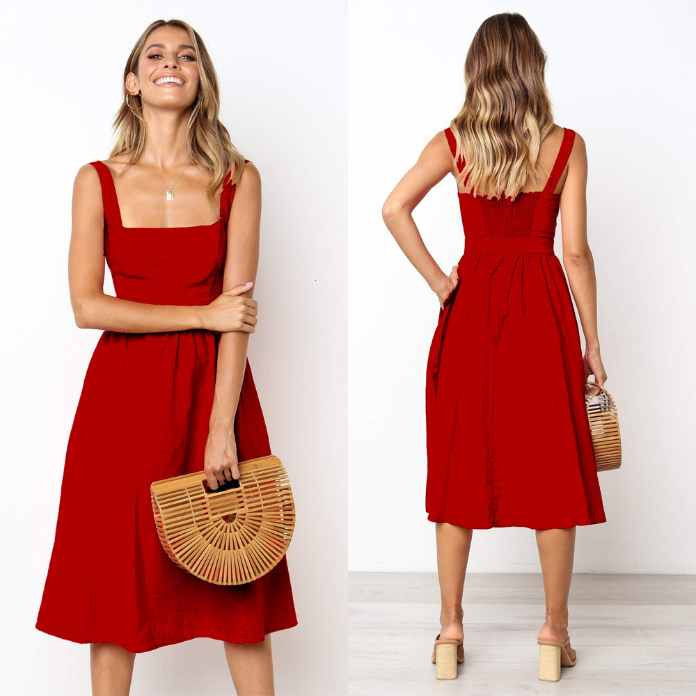 

2021 New Sexy Spaghetti Strap Backless Red Summer Slim Casual Beach Patry White Midi Woman Es for Women Robe Femme 22bs, Black