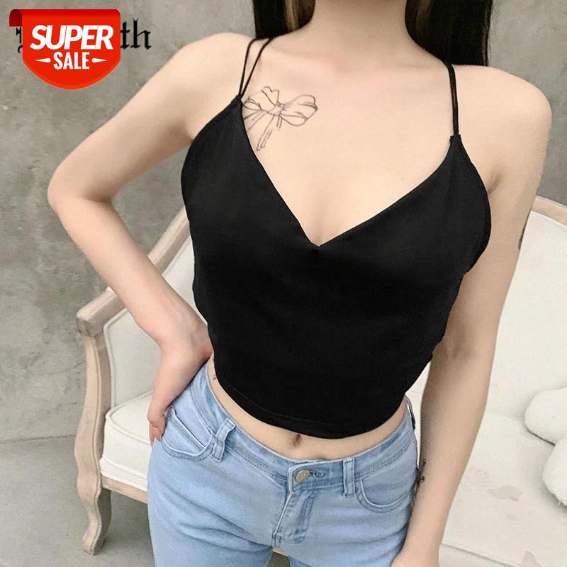 

InsGoth Sexy Backless Black Camis Women Casual V Neck Spaghetti Straps Camisole Streetwear Chic Cropped Tops For Summer 2021 #le1X, White