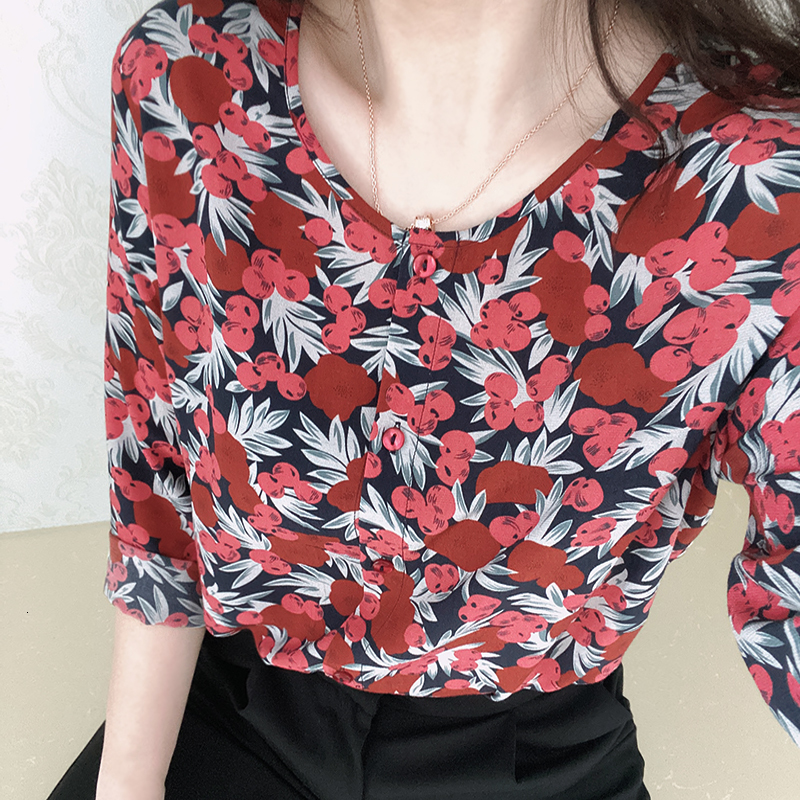 

2021 New 100% Viscose Feminina Blusa De Manga Trs Quartos O-pescoo Impresso Vintage Senhoras Camisa Solta Com Botes Primavera e Vero Ep30, Black