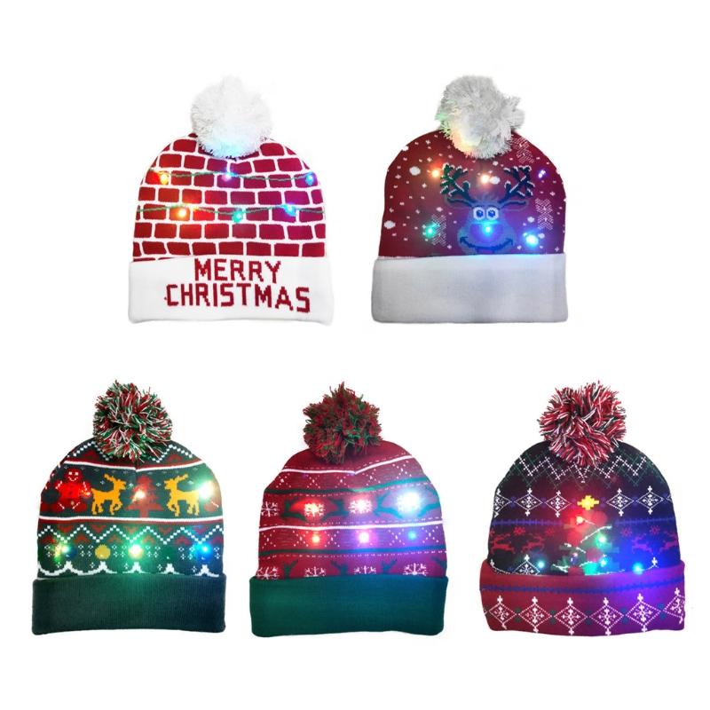 

LED Light Up Knitted Christmas Beanie Hat Reindeer Tree Party Flashing Skull Cap B95F