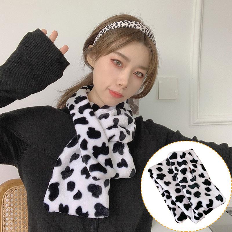 

Scarves Neck Warmer Furry Cross Black And White Cow Spots Print Plush Scarf Imitation Fur Collar Winter Warm Shawl Wraps