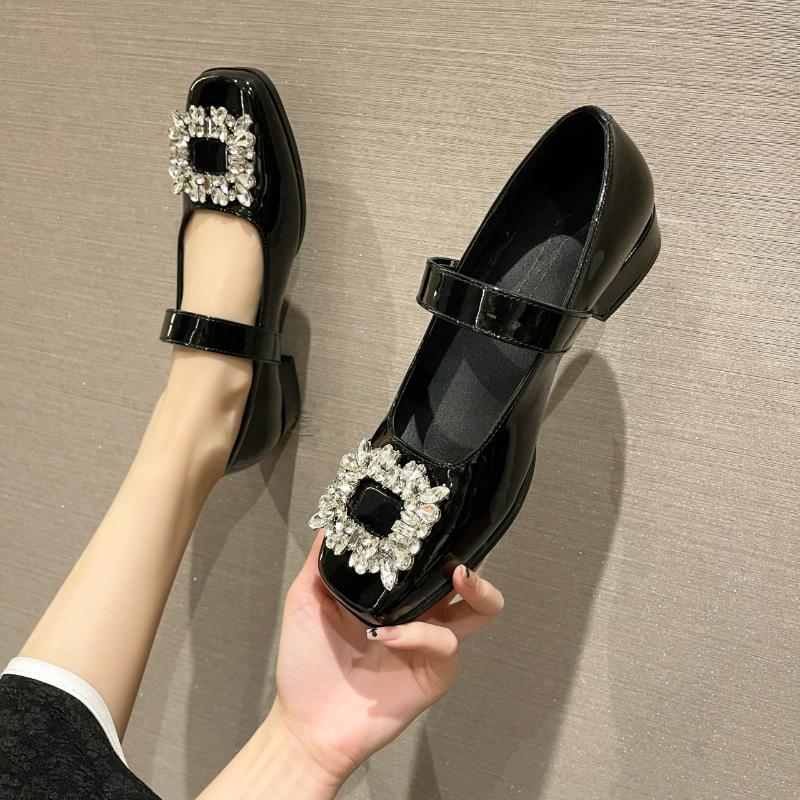 

Dress Shoes HKXN 2022 Spring Fashion Square Head Rhinestone Buckle Patent Leather Flat With Shallow Mouth Mary Jane Single Women T, Black