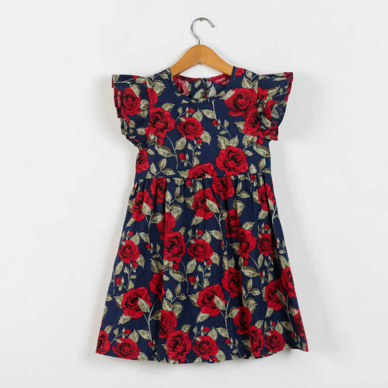 

Children Clothes Cotton Girls Dress Summer Knee Length A Line Print Rose Flower Dress Girl Princess Kids Dresses for Girls 210713, Multi