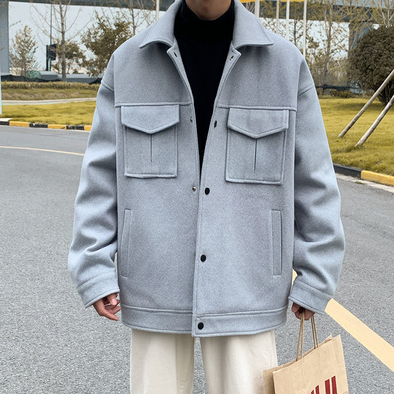 

2021 New Autumn Men's Fashion Retro Casual Short Coat Men Streetwear Loose Korean Style Woolen Jacket Mens Overcoat 0y4x, Green