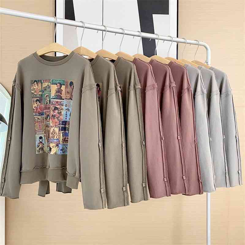 

Women's short fashion ins2021 autumn and winter New Vintage printed loose Pullover T-shirt, Gray