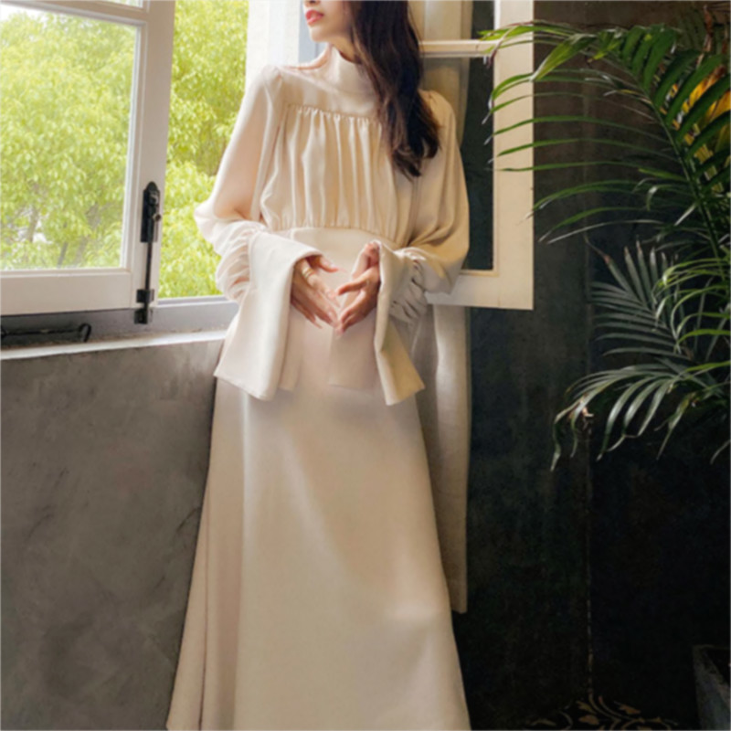 

New Solid Elegant Spring Patchwork Party Midi Female Office Lady Casual French Korean One-piece Women 2021 Izhr, Apricot dress