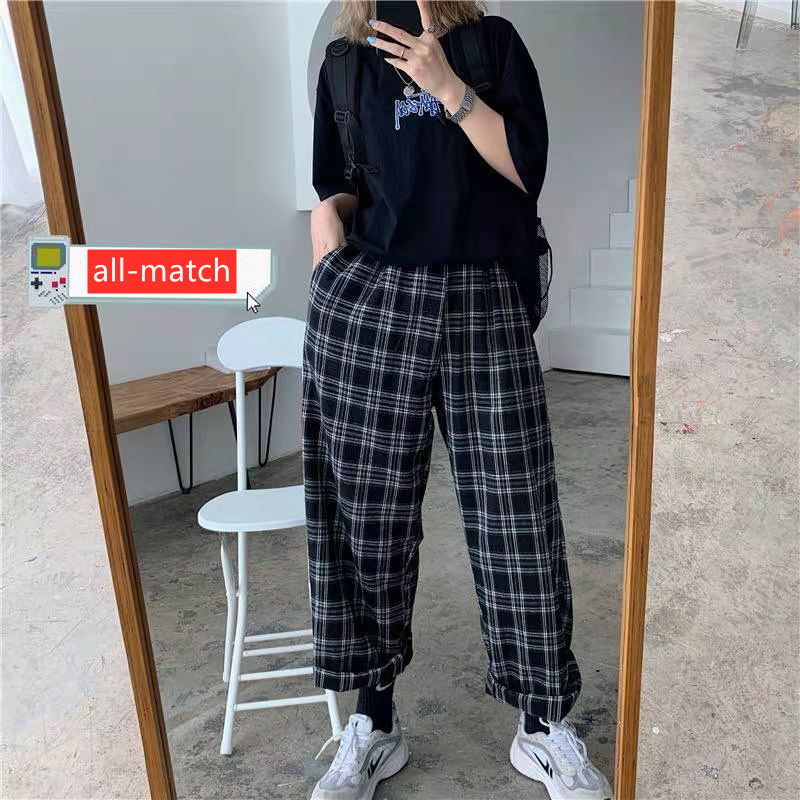

Plaid Pants Women Spring Casual Chic Oversize Loose Wide Leg Pants Ins Retro Harajuku Hip-hop All-match Fashion Trousers Female, Black;white