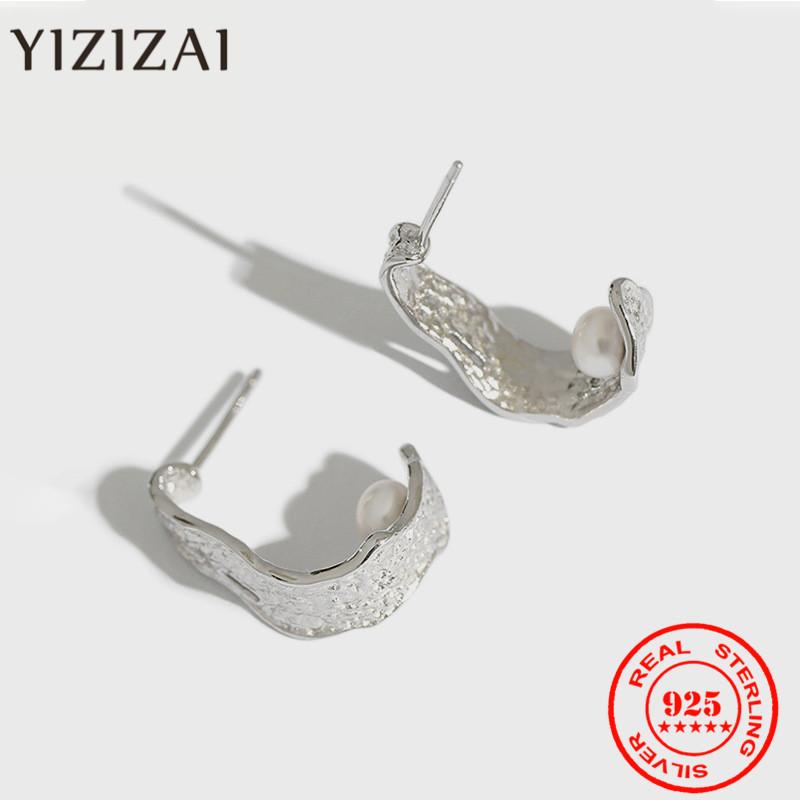 

Stud YIZIZAI Korean Style Fashion INS Texture Uneven 925 Sterling Silver Earrings With Freshwater Pearl Decoration Fine Jewelry
