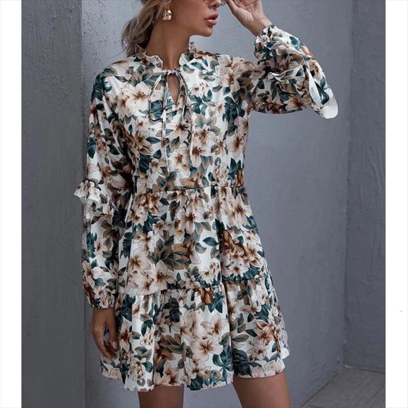 

ruffles floral print women dress long sleeve short spring autumn casual boho lace up v neck a line mini, Black;gray