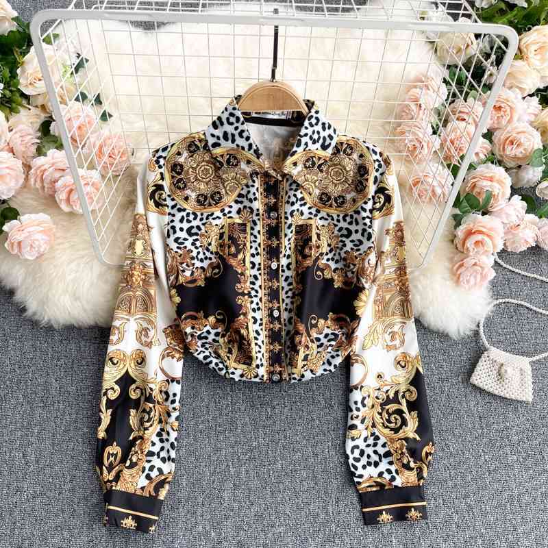 

Retro lapel long-sleeved loose wild single-breasted leopard pattern printed shirt female trend 210525