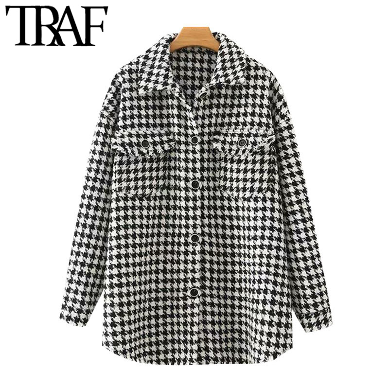 

TRAF Women Fashion Oversized Houndstooth Frayed Tweed Jaet Coat Vintage Long Sleeve Poets Female Outerwear Chic Top, As picture