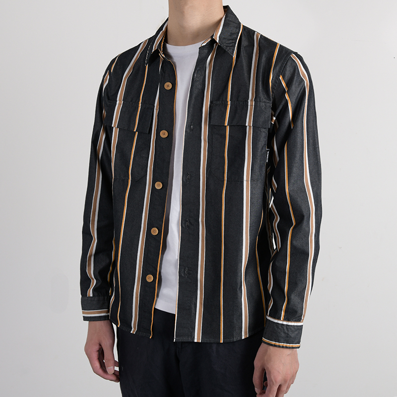 

2021 Japanese Style Striped Male Long Sleeves in Fashion Casual Retro Stripe Man's Shirt for Cute Man Shirts 4bny, Apricot black strip