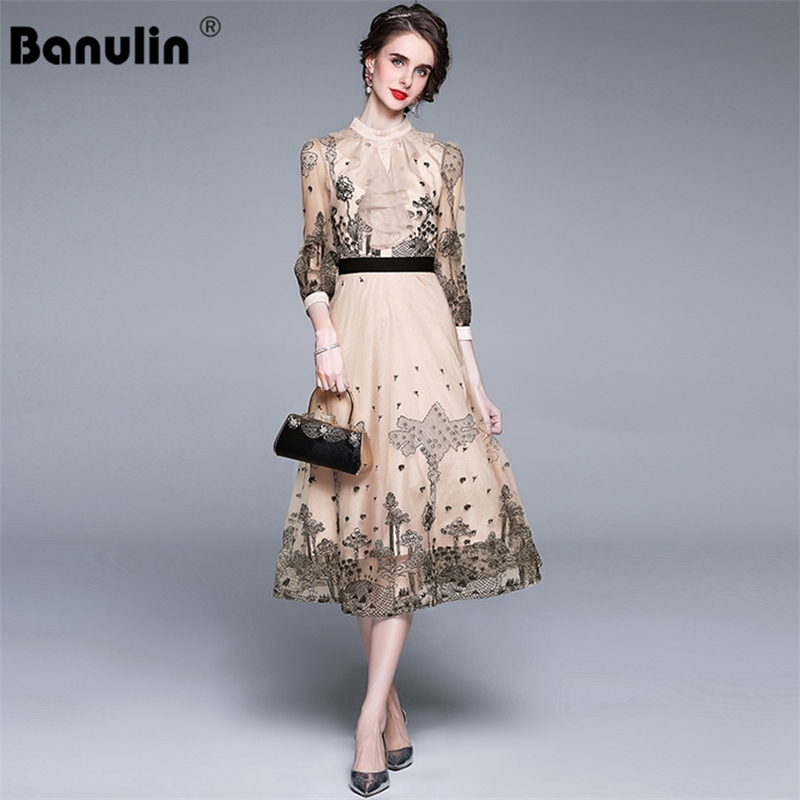 

Banulin Fashion Runway Midi Dress Summer Women' Half Sleeve Ruffles Lace Floral Embroidery Mesh Vestidos 210603, Apricot