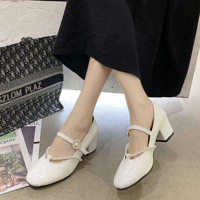 

Dress Shoes Elegant Ladies Pearl High Heels Patent Leather Ankle Strap Pumps Women Fashion Thick Heel Mary Jane For Woman, Wine red