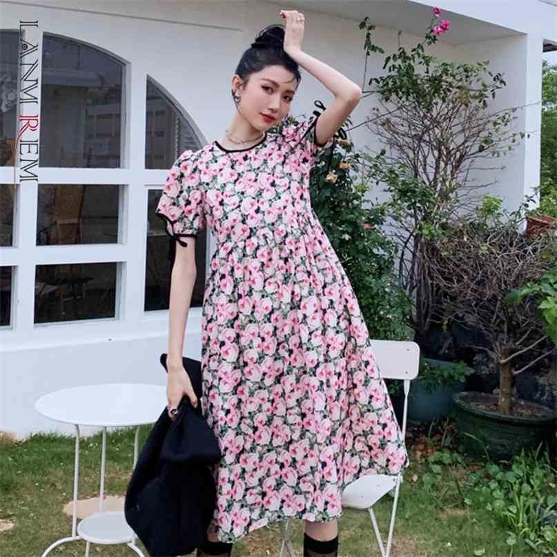 

Women Dress Oil Painting Bubble Sleeve Round Neck Flower Loose Temperament Fashion Summer 2H702 210526, Picture color short