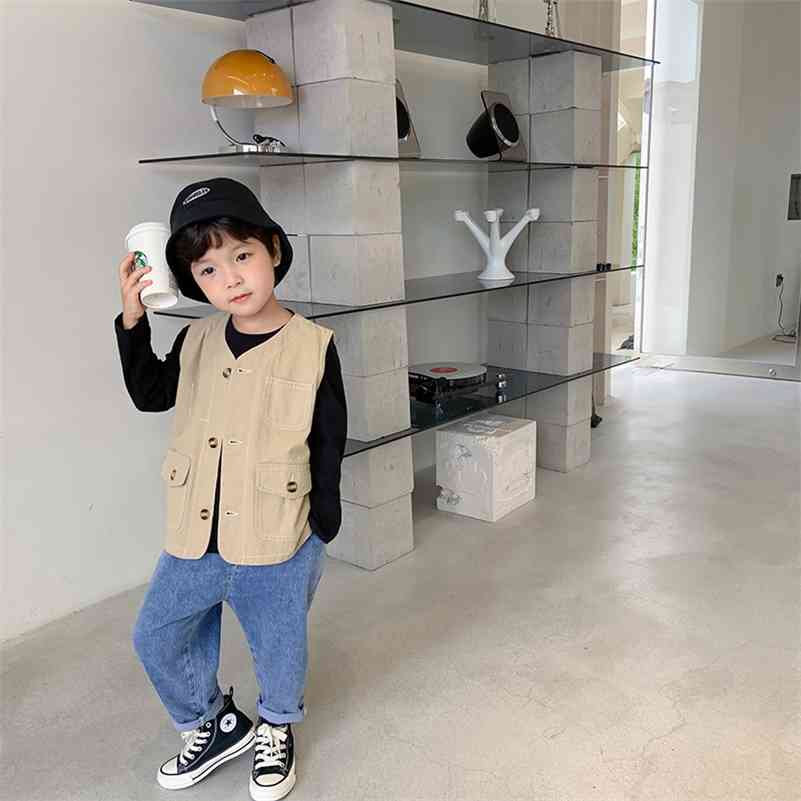 

Autumn boys fashion japan style solid color loose waistcoats cotton sleeveless vests 210708, Khaki