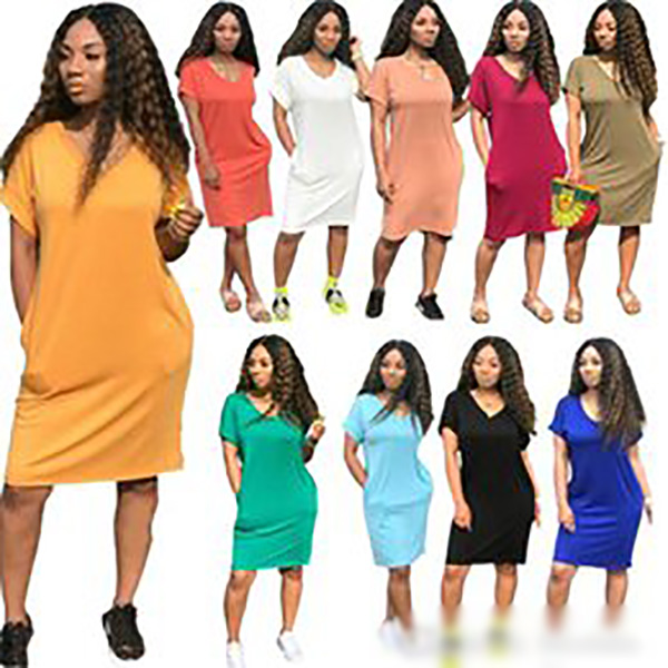 

Summer V-neck Women midi Dresses Casual Pockets Short Sleeves Fashion Lady Sheath Dress Mid Calf T Shirts High Quality 8531, Fill price
