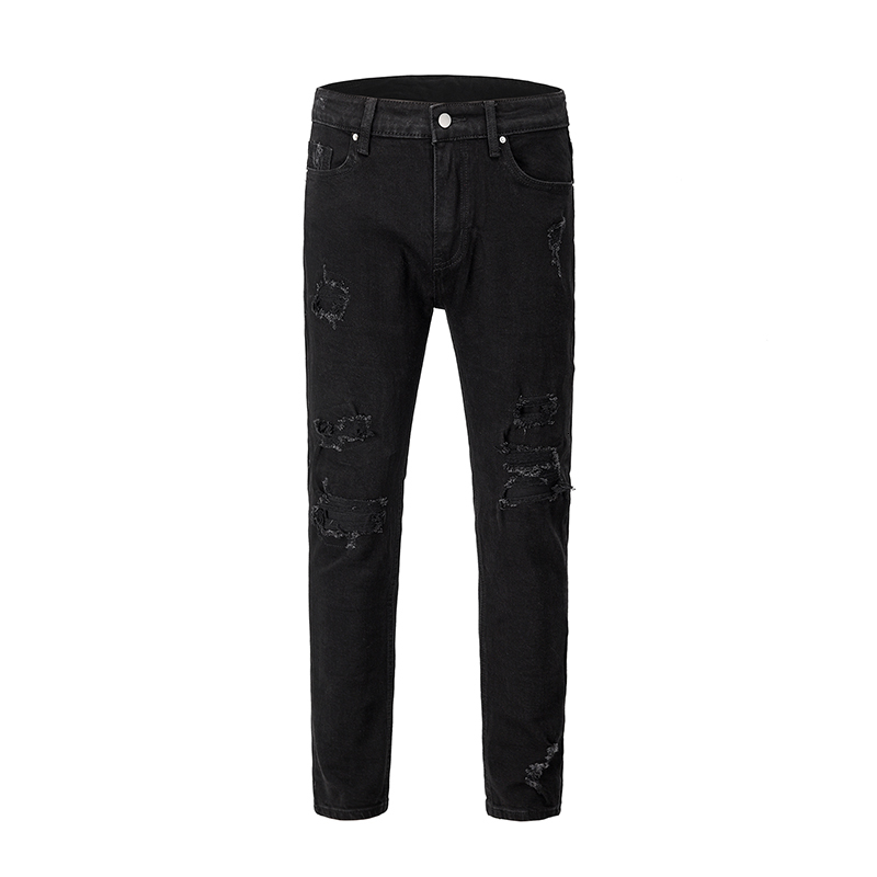 

2021 New Men's Male Personality High Street Style Holes Patch Black All-match Slim-fit Jeans Denim Pants Trousers 6ach