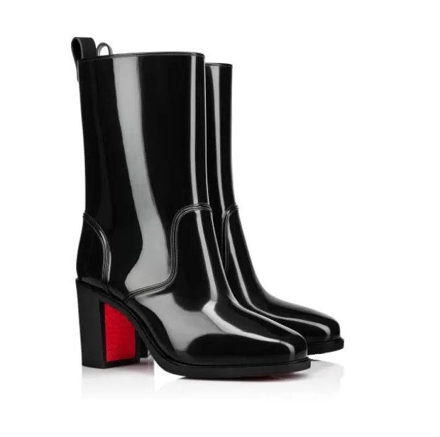 

2021 autumn new women's Red bottom leather short boots square toe thick heel womenn's fashion all-match net reed bots Party weddin, Black