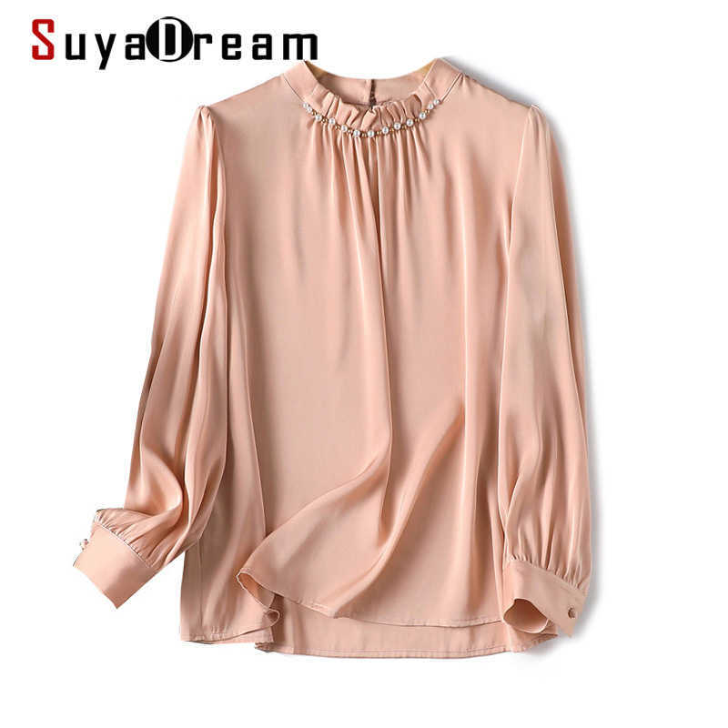 

SuyaDream Woman 100%Silk Satin Long Sleeves Pearl Stand Collar Pink Blouse Shirt Spring Autumn Office Chic Shirt 210603