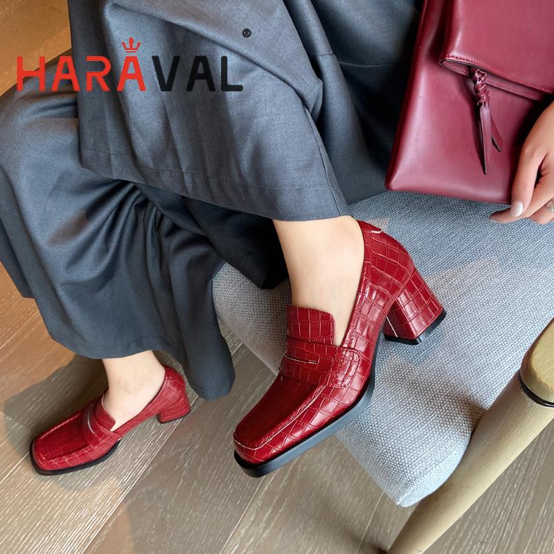 

Dress Shoes HARAVAL Women Red Pumps Thick Heel High Quality Leather For Lady Elegant Fashion Solid Casual Female Middle HeelB170, Black