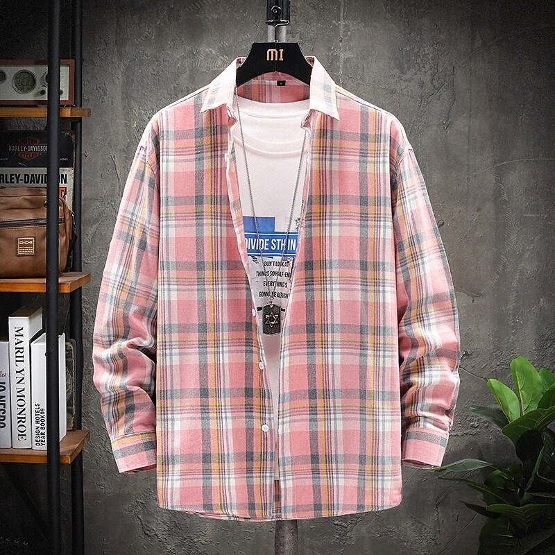 Chemise pour hommes Lattice Classic Collier Street Travaux à manches longues Mode Bleu Pink 70RZ #