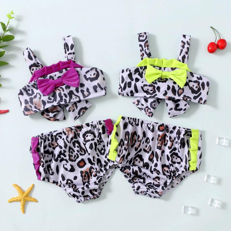 

One-Pieces 2022 0-5Y Summer Kids Girl Swimwear Leopard Print Bow Sleeveless Crop Top+Triangle Shorts Holiday Beach Bikini Set Bathing Suit, Black