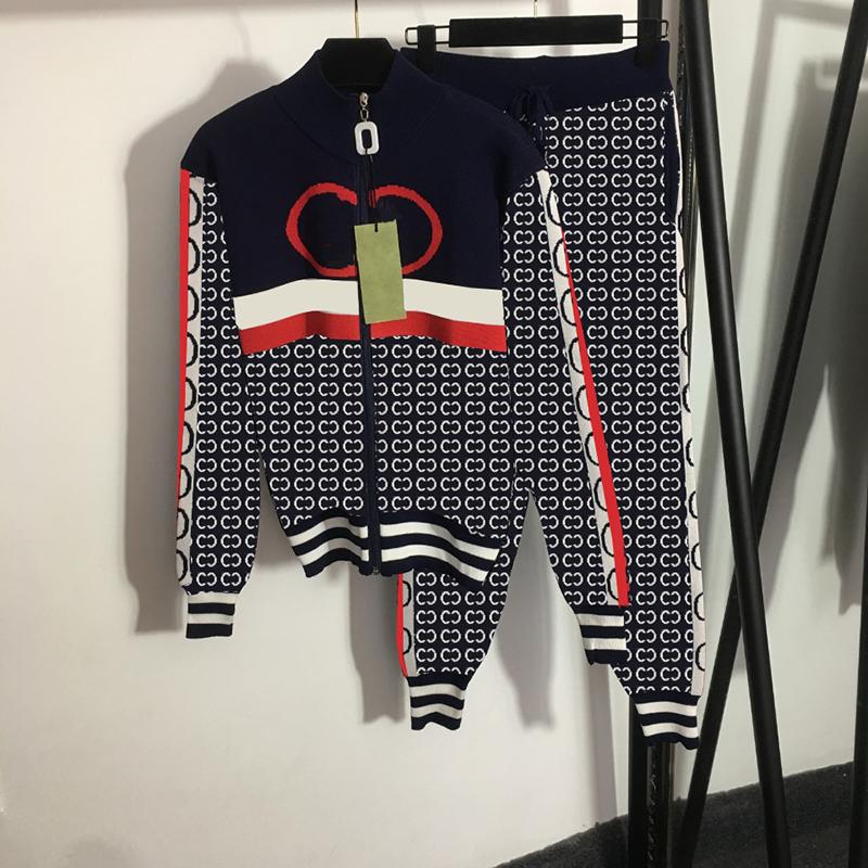 

luxury knit casual sport suit sets personality two piece pants 4 colors brand letter jacquard women jacket pant, White