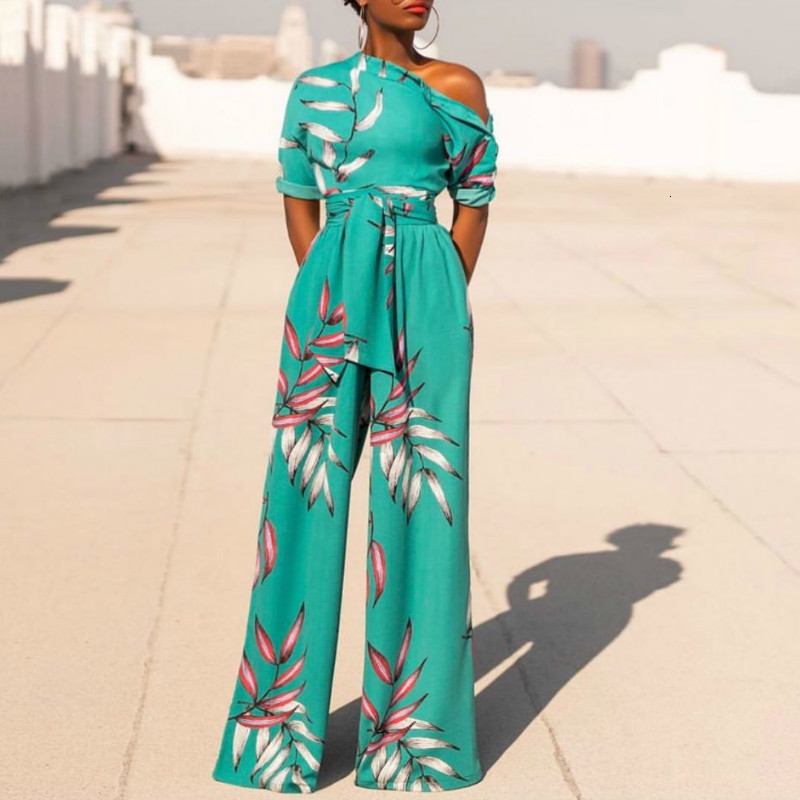 2021 New Summer Printed Jumpsuits Irregular Shoulder Sleeves with Sashes Wide Leg Women Floral Vacation Overall Female Bodysuit Plus Size Yb-image-662805824