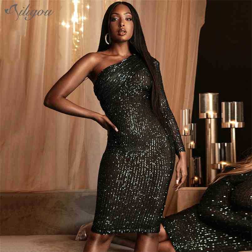 

Women'S Sexy One-Shoulder Dress Glittering Sequin Mesh Patchwork Celebrity Christmas Party Vestidos 210525, Green