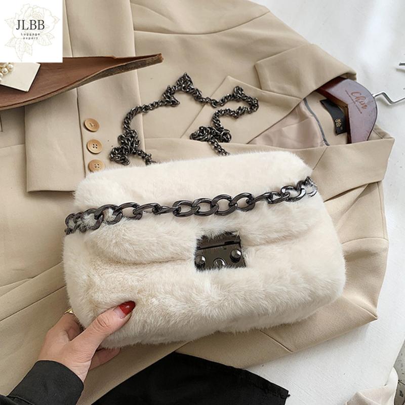 

Vintage Chain Furry Women Shoulder Bags Luxury Faux Fur Crossbody Messenger Bag Small Purse 2021 Designer Soft Plush Handbag New, Black