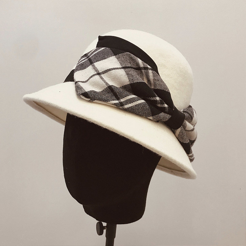 

2021 New Women White Black Warm Winter with Bow Accent Ladies Wool Blend Cloche Party Church Wedding Bowler Hat Crushable 8r3m