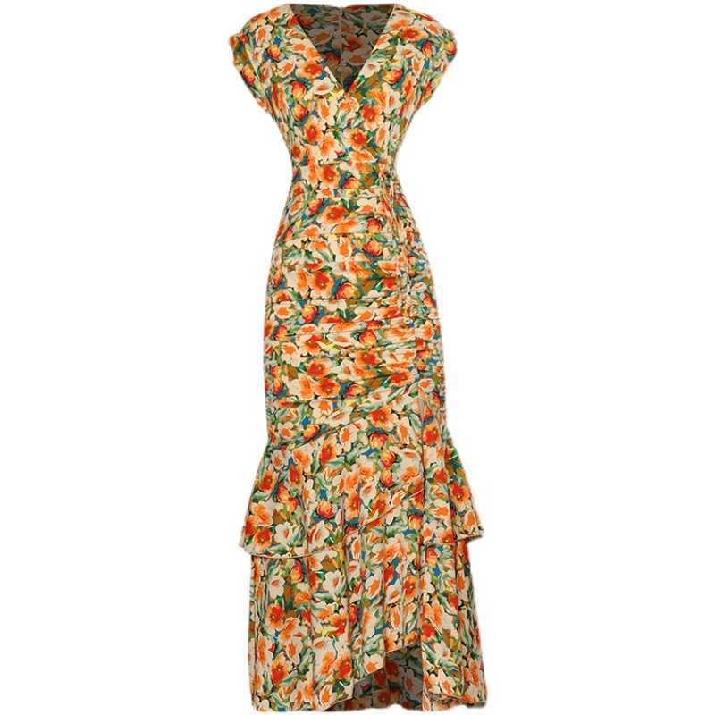 

HIGH QUALITY est Designer Runway Fashion V-neck Gorgeous Floral Print Drape Asymmetrical Dress 210526, Mixed color