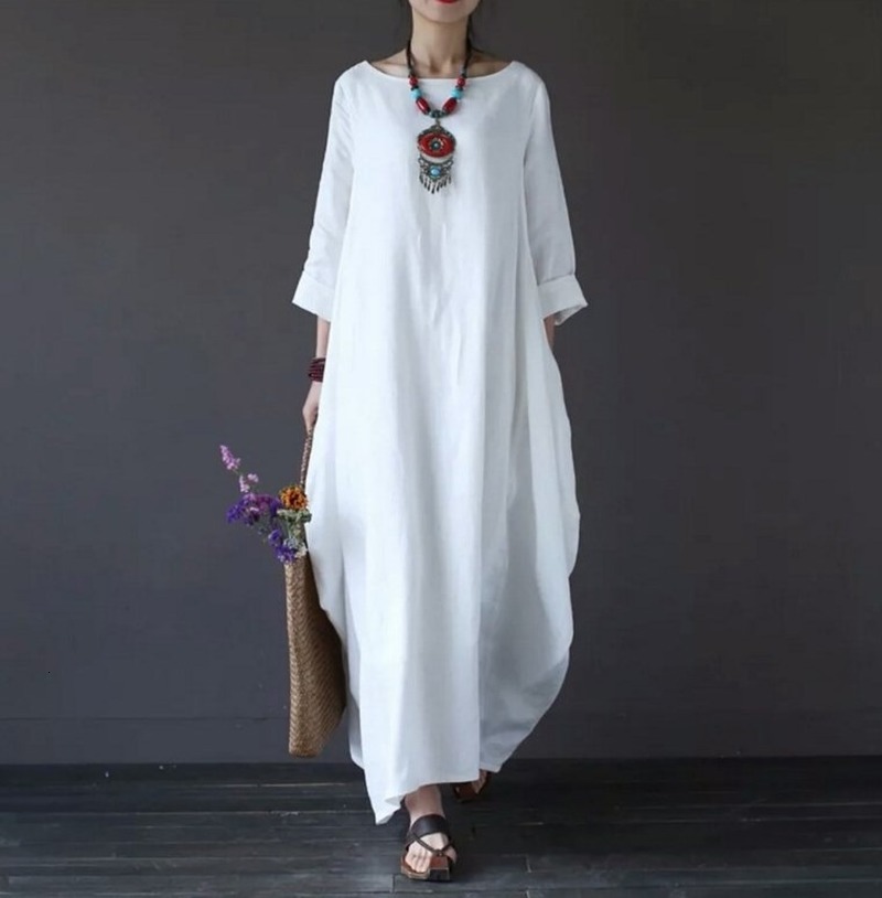 

2021 New Spring Summer Plus Size Es Women Loose Long Vintage Boho Shirt Maxi Robe Fashion Female Casual Natural Bws1, White