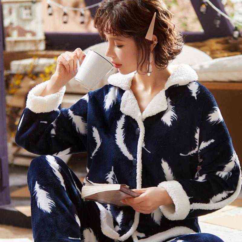 

winter warm flannel pyjamas women sleepwear sets thick coral pijamas fleece pajama long pajamas set for girl, Black;red