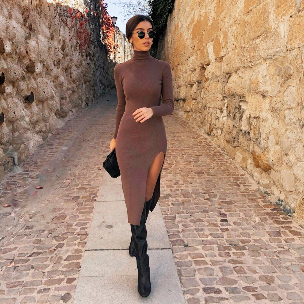 

2021 Dress Women Long Sleeves High-Neck Elastic Midi Dress Fashion Elegant Chic Lady Knit Sweater Dresses Women robe femme, Brown