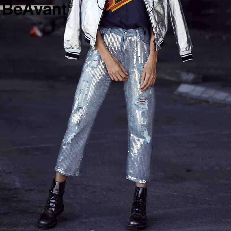 

BeAvant Spring sequin ripped jeans women Streetwear hole zipper fringe jeans pants Summer casual loose denim trousers femme 210709, Light blue