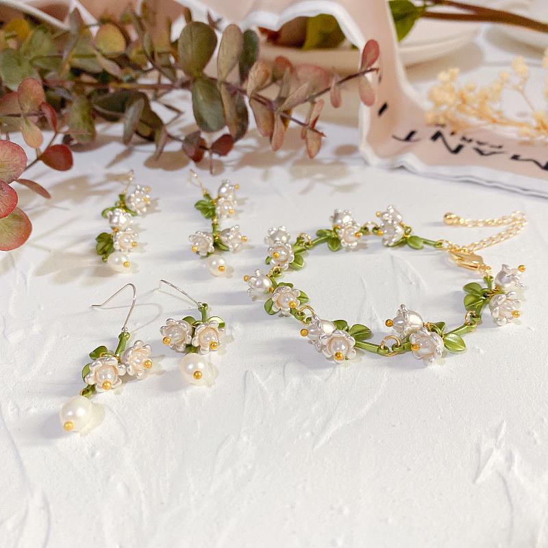 

Earrings & Necklace Retro Valley Lily Orchid Plant 925 Silver Needle Pearl Bracelet Female