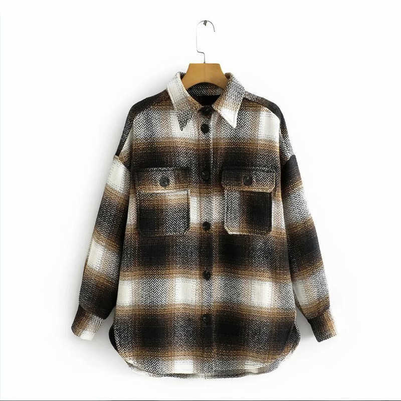 

Vintage Women Long Sleeve Woolen Coats Fashion Ladies Thick Plaid Coat Female Streetwear Elegant Girls Oversize Jacket Chic 210607, Brown