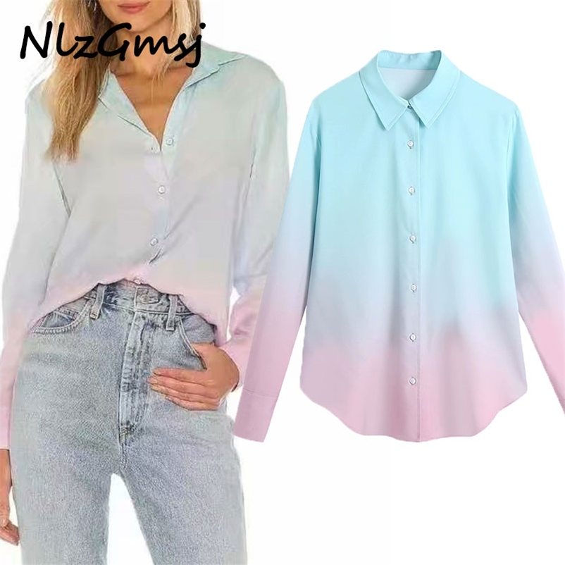 

Blouse Women Spring Fashion Turn-down Collar Tie Dye Long Sleeve Single-breasted Loose Casual 210628, As picture