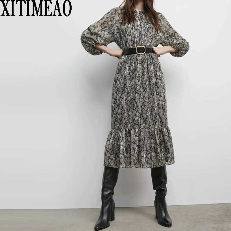 

ZA Autumn Long Sleeve Women Dress Leopard Print Chiffon es Ruffles Female Holiday Casual With Belt XITIMEAO 210604, Black
