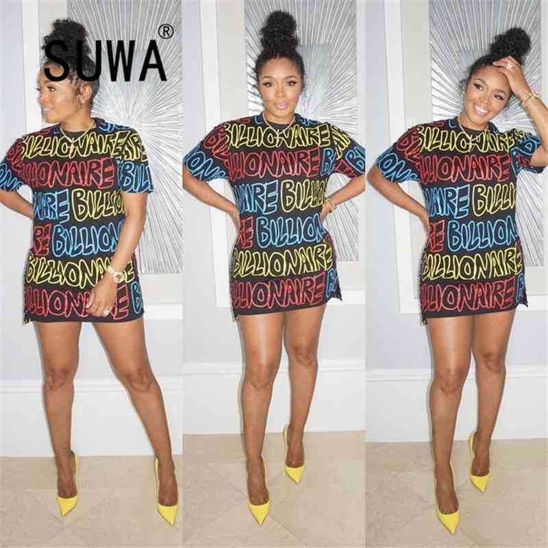 

Wholesale Dresses Woman Party Night Club Mini Bodycon Colorful Letter Print Short Sleeve T-shirt Top Casual Sundress 210525, Multi