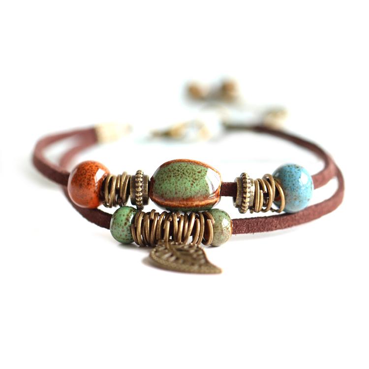 

Charm Bracelets Bohemia Jewelry Men Ceramic Leather Bracelet & Bangles For Women Colorful Bead Leaf Pendant Bell 2021