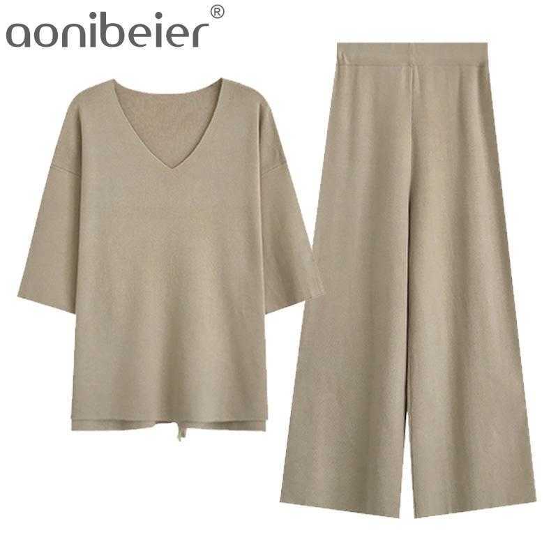 

Knitting Female Sweater Pantsuit For Women Two Piece Set Pullover V-Neck Long Sleeve Bandage Top Wide Leg Pants Suit 210604, Orange red