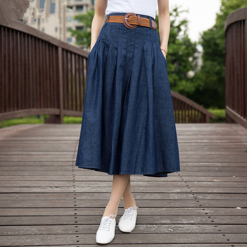 

Summer Long Jean Skirt Large Pendulum Plus Size Elegant Long Denim Skirt With Sash 6XL Available Dropshipping, Blue