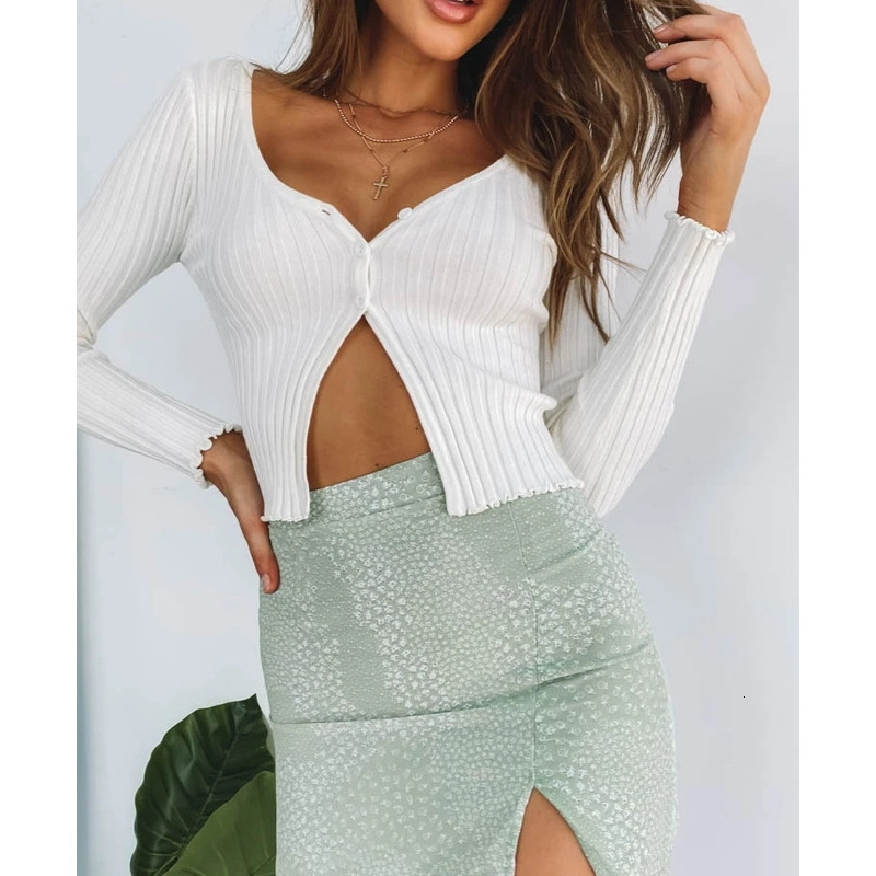 

2021 Fashion Sexy V-neck Long Sleeve Casual Solid Button Slim Tee Tops Autumn Spring Short Women's t Shirt Clothes Gqys, White