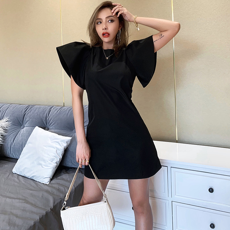

elegant women dress petal sleeve ruffle summer casual solid vintage mini dress streetwear 2021 fashion A line dresses, Black;gray