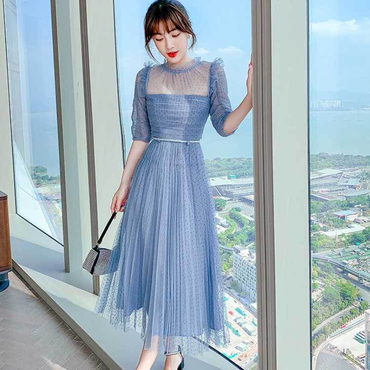 

Vintage Dresses est Summer Elegant Fashion Mesh Ruched Short Sleeve High Waist Holiday Beach Long Dress Vestidos 210526, Blue